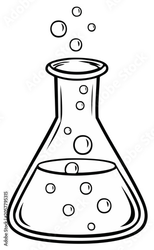 Erlenmeyer flask with bubbling liquid science experiment line art illustration