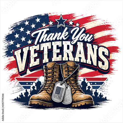 Veteran Boots with Dog Tags and Thank You Lettering Over Patriotic Stars and Paint Splashes Featuring Leather Footwear, Military Insignia, American