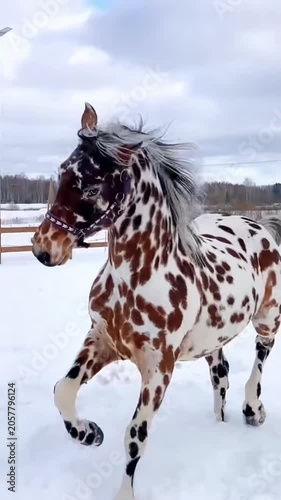 White and brown spotted horse running in snowy field 
