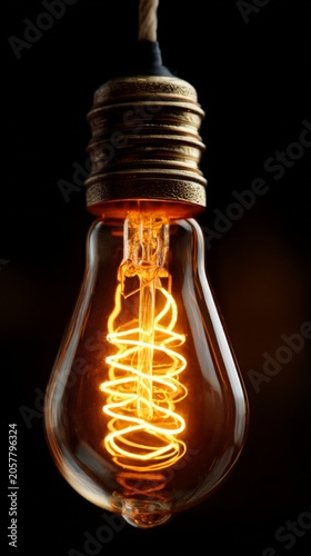 Classic Edison-style light bulb glows warmly against dark background. Intricate coiled filament emits golden light. Vintage aesthetic evokes innovation, creativity, or nostalgia