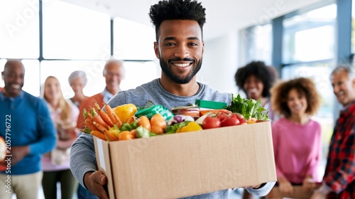 A man smiles while carrying a box of fresh groceries in a lively community setting, promoting healthy eating and food distribution initiatives. Ideal for use in marketing campaigns related to