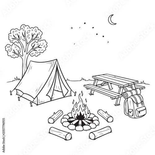 Camping site vector line art with tent campfire picnic table and backpack under starry night sky for coloring page
