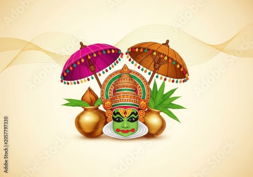 Kathakali Mask with Traditional Parasols for Onam Festival Decoration