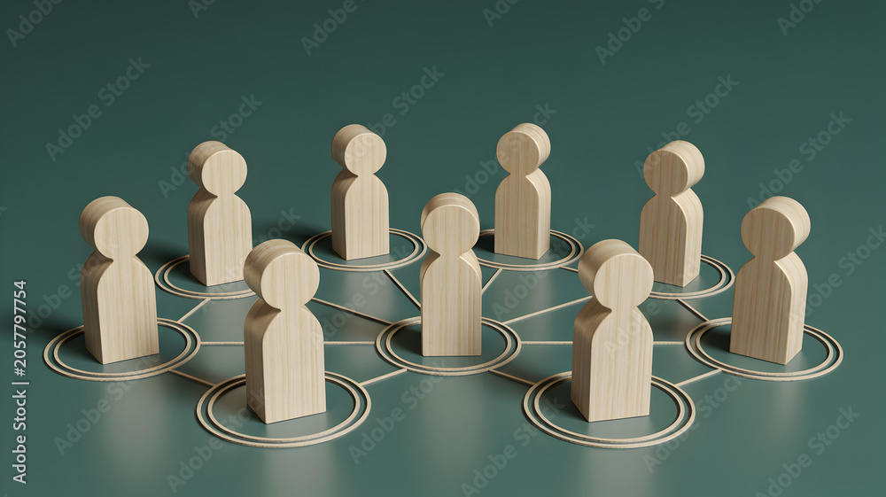 Obraz premium Wooden people icons connected in a network on green background