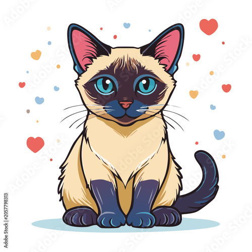 Cute cartoon cat with glasses and heart ribbon