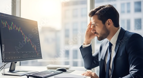 Worried Businessman Looking at Falling Stock Market Graph on Computer Screen