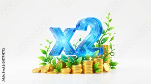 X2 multiplier icon with gold coins growth
