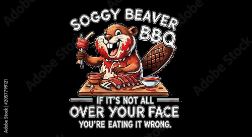 Animated beaver character humorously enjoying a saucy barbecue feast with ribs, depicting a fun and immersive dining experience