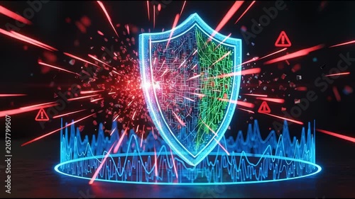 Digital security shield protecting data against cyber threats with glowing circuitry warning icons, for advanced network protection, online safety, information integrity, system defense