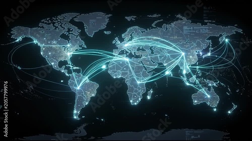 Digital world map with global network connectivity with glowing data lines nodes, for international communication, advanced technology, supply chain logistics, worldwide information flow