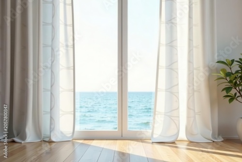 Serene coastal view framed by elegant sheer curtains, sunlight illuminating a tranquil wooden floor