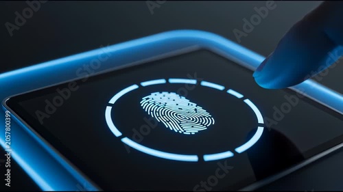 Finger pressing digital biometric fingerprint scanner on glowing glass interface, for secure identity verification, advanced data protection, modern system access, digital authentication