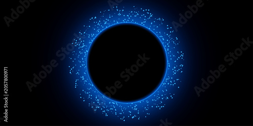 A vibrant blue glowing ring on a dark background with scattered blue particles. Blue neon glowing circle frame on dark background. This evokes sense of wonder and exploration in universe.