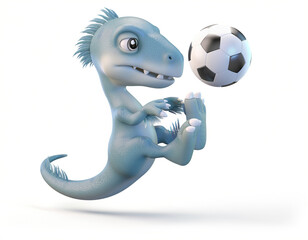 A dinosaur kicks a soccer ball in mid-air with enthusiasm and skill.