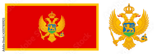 National flag and coat of arms of Montenegro featuring a golden double-headed eagle, crown, and a lion on a shield