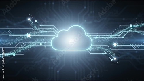 Glowing cloud icon hovering over digital circuit board with flowing data particles, for cloud computing infrastructure, network security, global information storage, modern connectivity