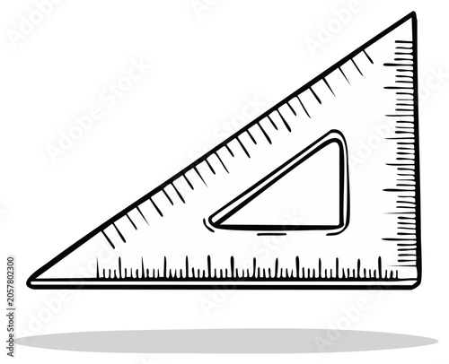 Hand-drawn right triangle ruler illustration used in geometry, drafting, architectural drawings with a clear interior cutout.