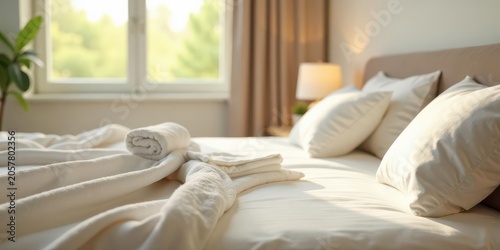 A sunlit bedroom features a neatly made bed with crisp white linens, plush pillows, and a folded towel set, creating a serene and inviting atmosphere.