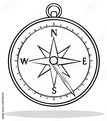 Black and white hand drawn compass illustration on a neutral background, showing direction and orientation
