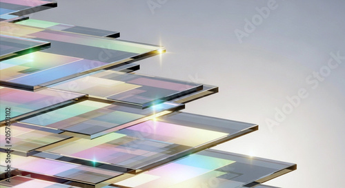Abstract background with stacked transparent glass plates with colorful light reflections