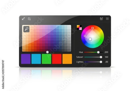 Digital color palette interface with sliders and color wheel isolated on white background