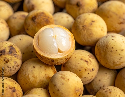 Close-up of a sliced ripe Langsat fruit revealing its juicy white segments and smooth texture, a refreshing tropical produce in a detailed, natural still life composition.