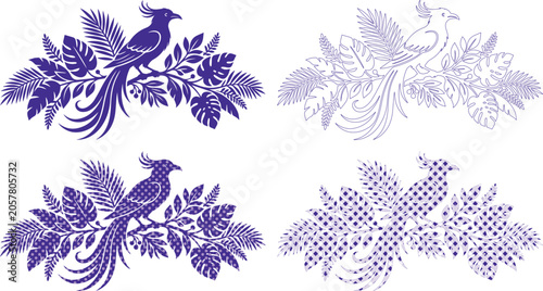 Foto Exotic bird vector illustration set, tropical jungle bird and foliage graphic el