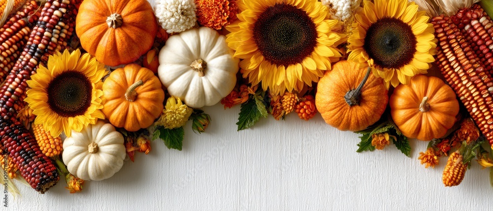 Obraz premium Ultra-wide isolated rustic border banner, a rich line of sunflowers, various pumpkins, and Indian corn, on a white background, central clean space, overhead view