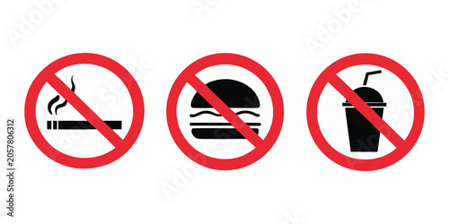 Prohibition icons set with no smoking food and drink symbols
