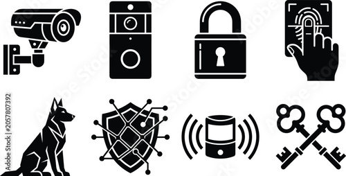 Tableau sur toile Security and Protection Silhouette Icons Featuring Camera, Doorbell, Padlock, Fi