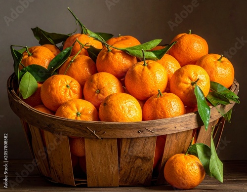 Abundant harvest of vibrant, sun-kissed mandarins overflowing in a rustic, weathered wooden bushel basket, artistically lit with dramatic chiaroscuro lighting.