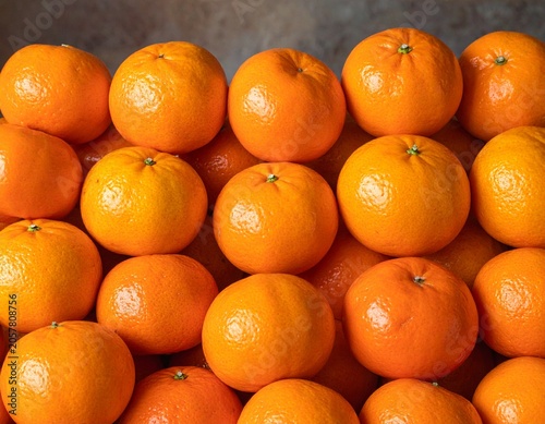 Arrangement of vibrant, ripe whole clementines, stacked in neat rows on a textured background, showcasing natural sunlight and citrus freshness.