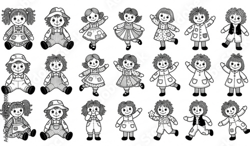 Foto Vintage Rag Doll Character Collection Black and White Vector Illustration