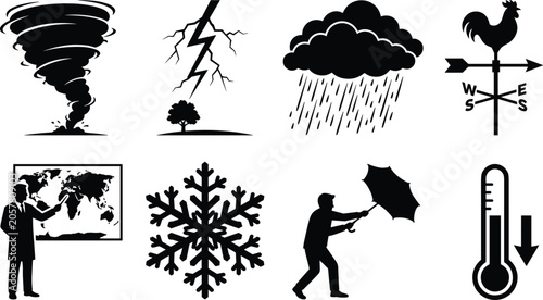 Fotografie Weather and Meteorology Silhouette Icons Featuring Tornado, Lightning, Rain Clou