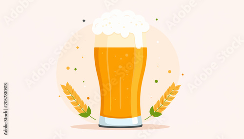 A refreshing tall glass of golden beer with frothy white foam, flanked by wheat stalks