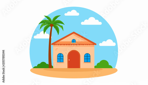 Cartoon house with palm tree and clouds in a circular frame