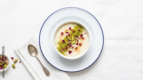 Muhallebi smooth smooth Turkish muhallebi milk pudding in white bowl with rose water overhead
