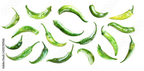 Fresh green chili pepper pattern on black background for food packaging