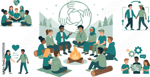 Support Group Therapy Icon Set with Diverse People Sitting by Campfire, Hand Circles, and Empathy Symbols for Mental Health Graphics