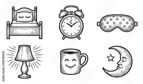 A collection of hand-drawn sleep and bedtime themed including a bed, alarm clock, eye mask, lamp, mug, and moon