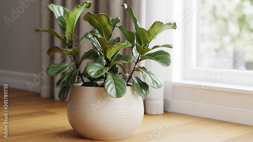  Green Fiddle Leaf Fig Plant in Ceramic Pot by Window