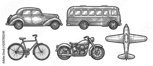 Foto A collection of vintage transportation vehicles including a car, bus, bicycle, m