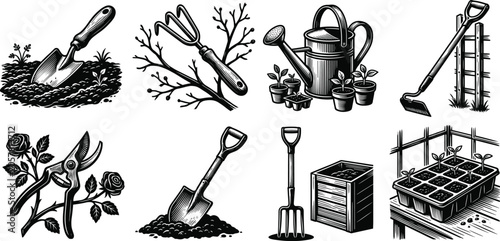 Fotografija Vintage woodcut style gardening tool set with shovel watering can pruning shears