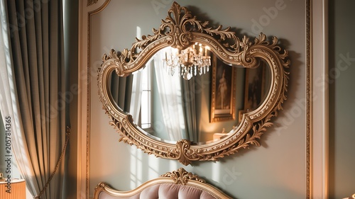 Vintage Ornate Wall Mirror with Chandelier Reflection