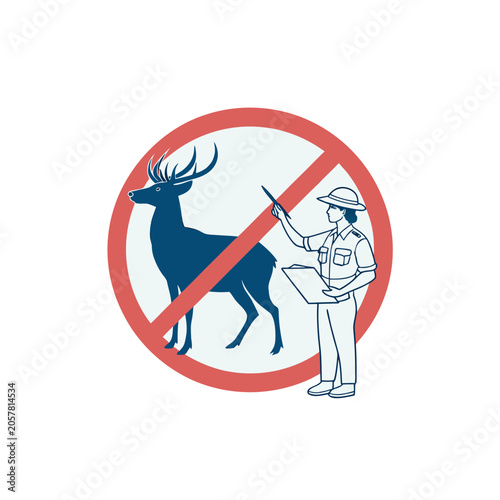 Schilderij op canvas Illustration of a park ranger pointing at a deer inside a red prohibition sign, representing wildlife conservation or no hunting