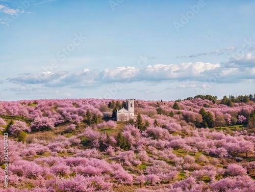 A white church stands on a hillside surrounded by trees of pink colors. The sky is blue with fluffy clouds above the scene. This captures the essence of spring.