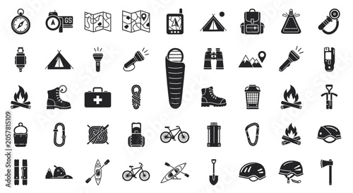 Collection of outdoor adventure and camping equipment icons