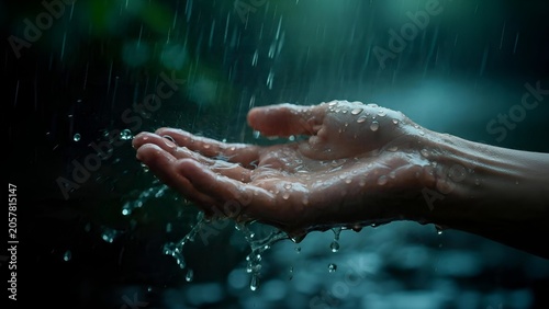 Human hand reaching out to catch falling rain drops.