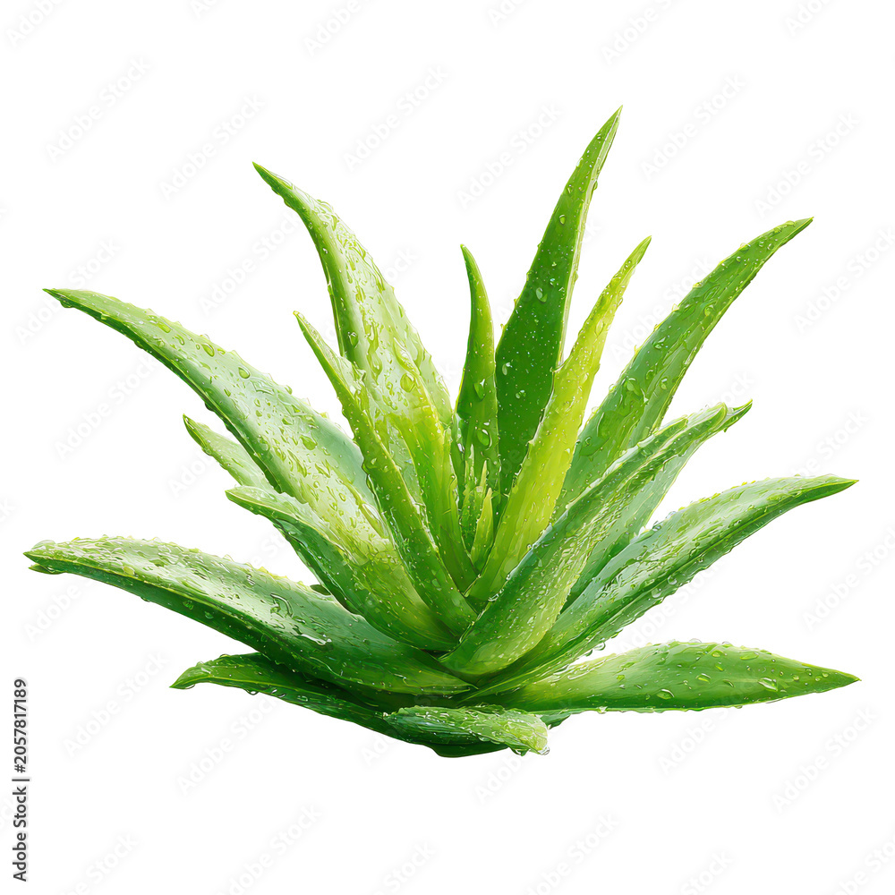Fototapeta premium Aloe vera plant with water droplets in bright studio lighting symbolizing natural healing and wellness