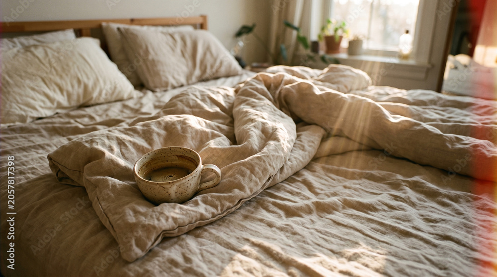 Fototapeta premium Cozy morning scene with ceramic coffee cup on unmade messy bed in warm sunlight